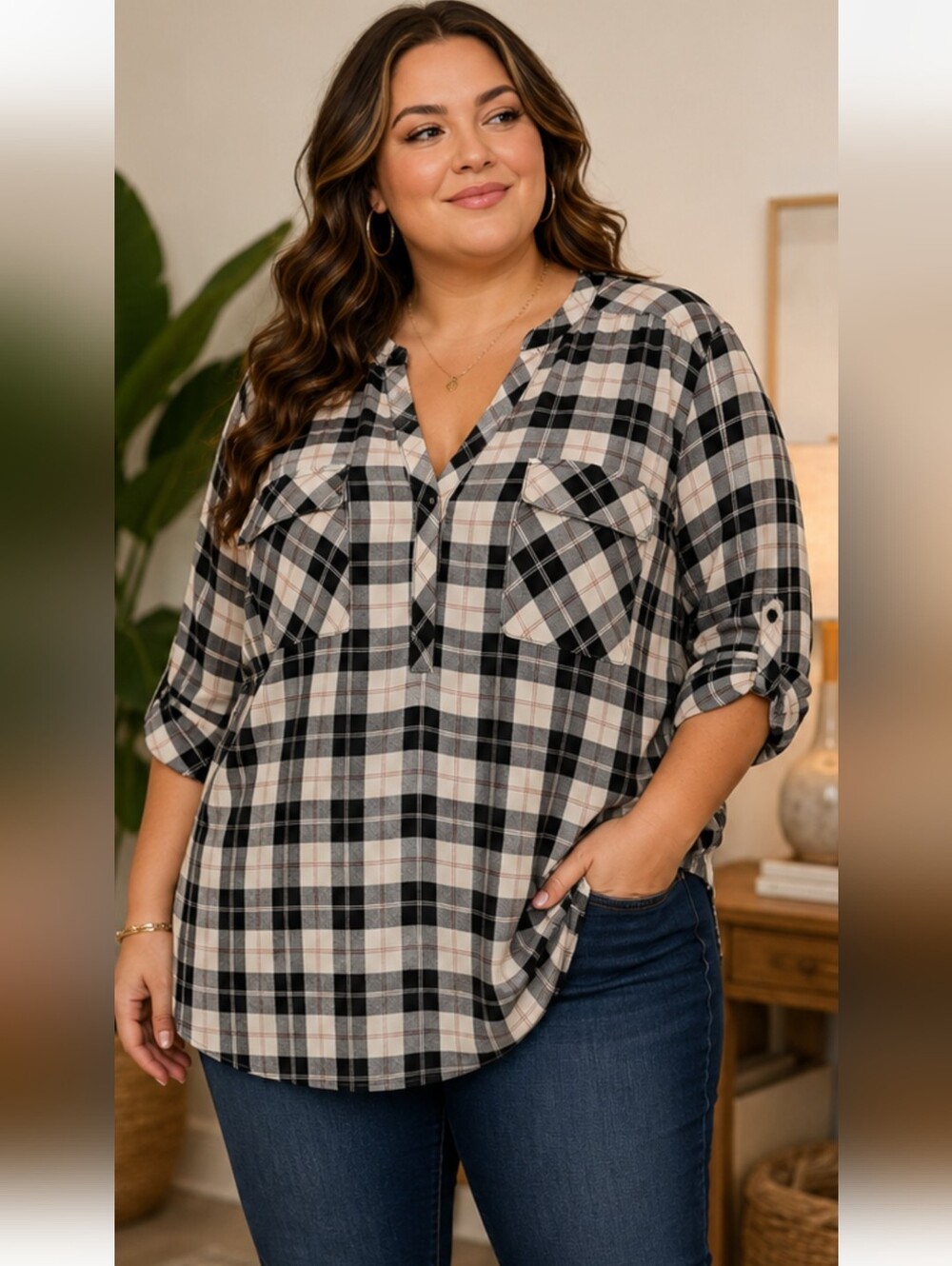 Torrid Harper Plaid Roll-Tab Blouse 1X Black Gray & Ivory Flowy Pocket Tunic